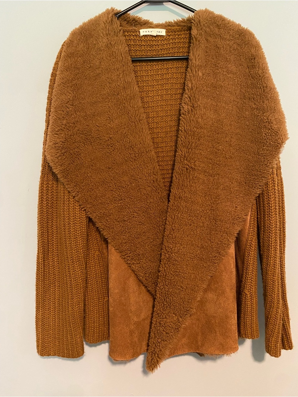 Retrology Brown Faux Suede & Sherpa Waterfall Cardigan Sweater Size Large